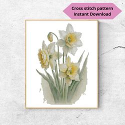 Bouquet of daffodils cross stitch pattern, Flower cross stitch, Watercolor embroidery design, Instant download, Digital