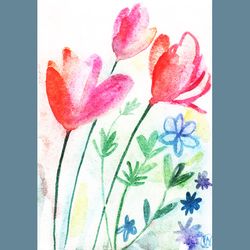 Watercolor red pink blue flowers painting sketch art. Watercolor floral sketch art print