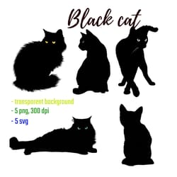 5 black halloween cats. transparent background png and svg files