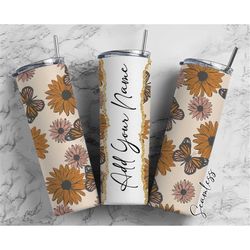 Vintage Sunflower And Butterflies Add Your Own Name, 20oz Sublimation Tumbler Designs, Skinny Tumbler Wraps Template - 7