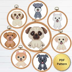 SET of 8 Cute Tiny Puppy Dog Cross Stitch Pattern. Super Easy Small Cross Stitch for Beginners. Bundle