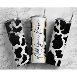 Cow Hide Add Your Own Text Name Monogram Sublimation Tumbler Designs Floral - 20oz Skinny Tumbler Wraps Templates - PNG