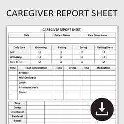 Printable Caregiver Daily Report Sheet, Elderly Care Log, Health Monitoring Tracker, Caregiver Checklist