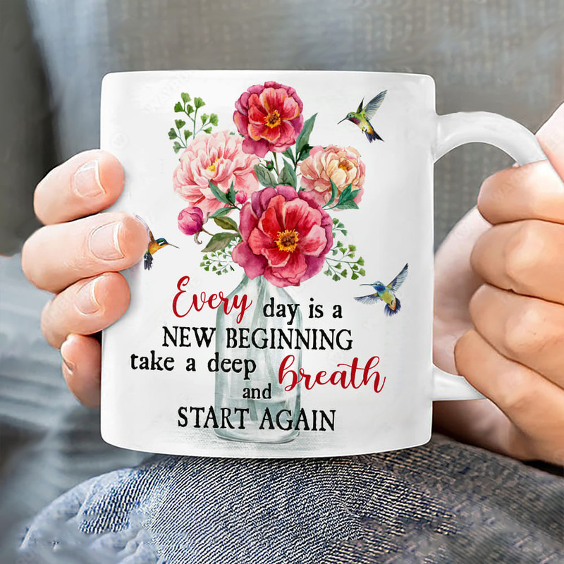 Pink poppy, Crystal vase, Colorful hummingbird, Every day is a new beginning - Jesus White Mug_4803.jpg