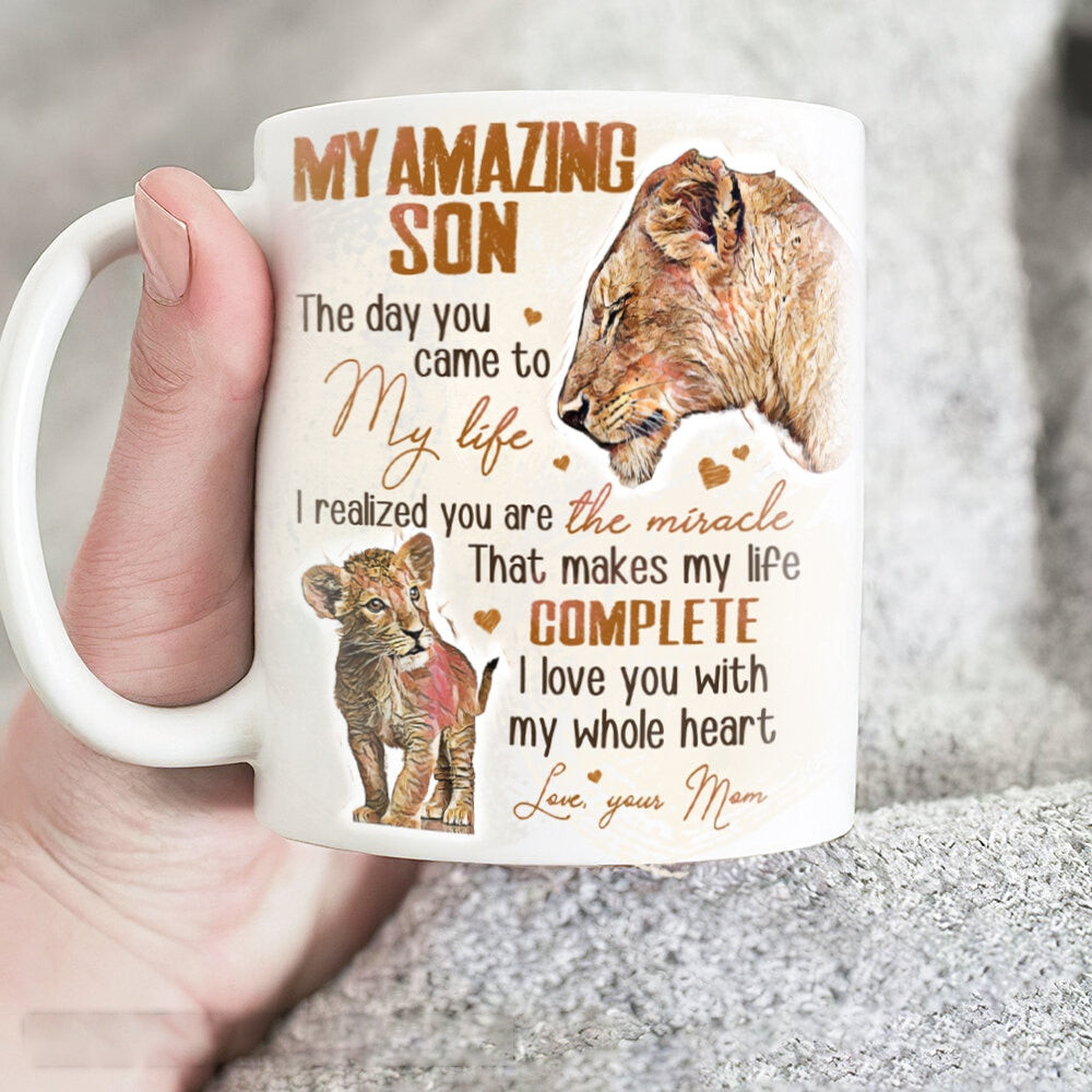 Mom to son, Lion drawing, Animal painting, I love you with my whole heart - Family White Mug_9780.jpg