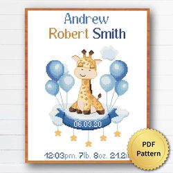 Cute Giraffe Animal, Boy Girl Birth Announcement Cross Stitch Pattern, Personalized Baby Nursery Decor. Baby Shower, Bab