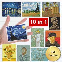 SET of 10 Vincent Van Gogh Cross Stitch Patterns. Miniature Art Cross Stitch, Easy Tiny Drawing Masterpiece