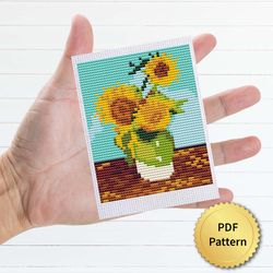 3 Sunflowers in Vase Cross Stitch Pattern. Vincent Van Gogh Cross Stitch Chart. Miniature Art Cross Stitch, Easy Tiny