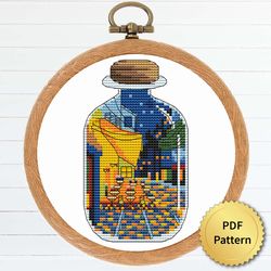 Sea Bottle with Cafe Terrace at Night by Vincent Van Gogh Cross Stitch Pattern. Miniature Art Cross Stitch, Easy Tiny