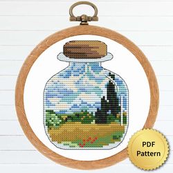 Sea Bottle with Wheat Field with Cypress by Vincent Van Gogh Cross Stitch Pattern. Miniature Art Cross Stitch, Easy Tiny