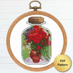 Sea Bottle with Red Poppies and Daisies by Vincent Van Gogh Cross Stitch Pattern. Miniature Art Cross Stitch, Easy Tiny