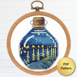 Sea Bottle with Starry Night Over the Rhone by Vincent Van Gogh Cross Stitch Pattern. Miniature Art, Easy Tiny