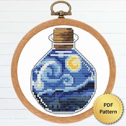 Sea Bottle with Starry Night by Vincent Van Gogh Cross Stitch Pattern. Miniature Art, Easy Tiny