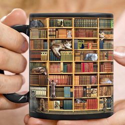 librarian and cat coffee mugs, gift for book lover, bookshelf cat mug, bookish gift, gift for her, merry christmas gift