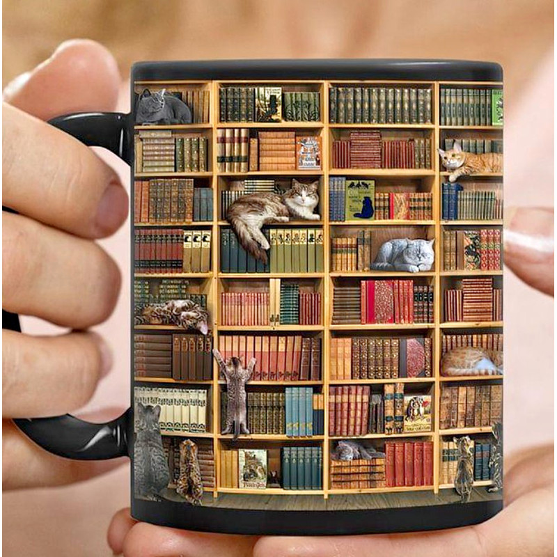 Mug Librarian and Cat, Gift for Book Lover, Bookshelf Cat Mug, Valentines Day Gift, Mug Coffee.png