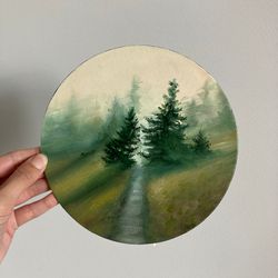 Original Small Fog Painting, Oil On Canvas, Fog Oil Painting, Landscape Painting, Forest Wall Decor, Small Round Canvas