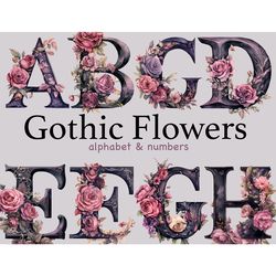 Gothic Flowers Alphabet | Watercolor Floral Clip Art Bundle