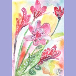 Printable watercolor pink flowers painting. Watercolor floral sketch drawing