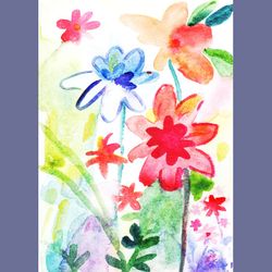 Watercolor floral painting instant download art print. Watercolor red and blue flowers sketch illustration