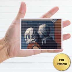 The lovers by Rene Magritte Cross Stitch Pattern. Miniature Art, Easy Tiny