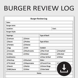 Printable Burger Tasting & Review Log, Burger Aficionado Journal, Burger Rating Tracker, Editable Template