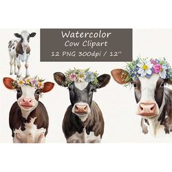 Watercolor cow clipart, Floral cow clipart, Floral clipart,  Holstein cow floral clipart, Holstein cow clipart, Sublimat