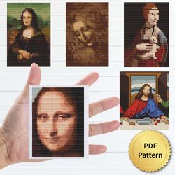 SET of 5 Leonardo Da Vinci Cross Stitch Pattern. Miniature Art, Easy Tiny