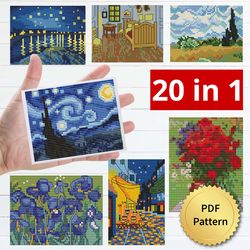 Set of 20 Van Gogh Cross Stitch Pattern. Miniature Art, Easy Tiny