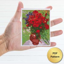 Red Poppies and Daisies by Vincent Van Gogh Cross Stitch Pattern. Miniature Art, Easy Tiny
