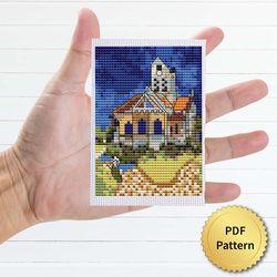The Church at Auvers by Vincent Van Gogh Cross Stitch Pattern. Miniature Art, Easy Tiny