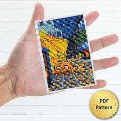 Cafe Terrace at Night by Vincent Van Gogh Cross Stitch Pattern. Miniature Art, Easy Tiny
