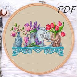 Cross stitch pattern pdf Shelf with flowers cross stitch pattern pdf design for embroidery