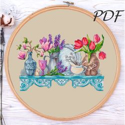 cross stitch pattern pdf shelf with flowers cross stitch pattern pdf design for embroidery