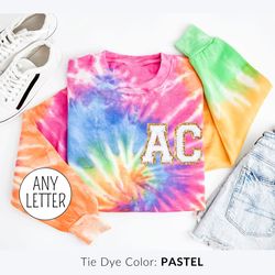 chenille patch personalized sweatshirt with initials, custom crewneck sweatshirt, monogrammed shirt tie dye embroidered