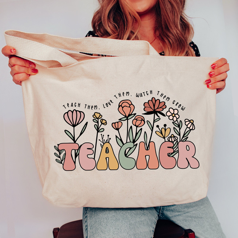 Teacher Tote Bag, Boho Teacher Bag, Back to School Teacher Gifts for Teacher First Day Gift Floral, Teach them Love them Watch them Grow - 1.jpg