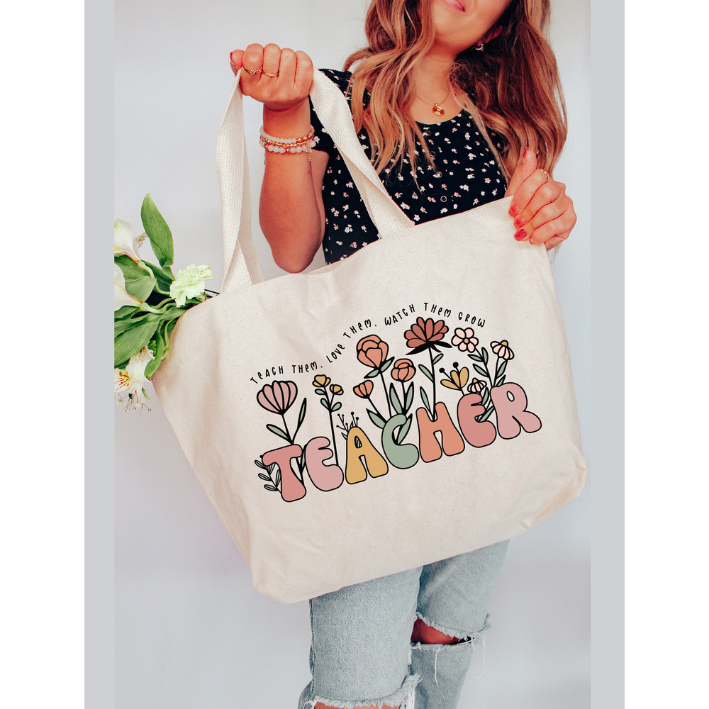 Teacher Tote Bag, Boho Teacher Bag, Back to School Teacher Gifts for Teacher First Day Gift Floral, Teach them Love them Watch them Grow - 2.jpg