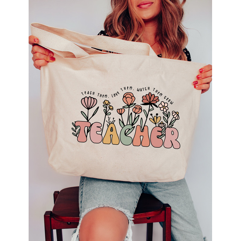 Teacher Tote Bag, Boho Teacher Bag, Back to School Teacher Gifts for Teacher First Day Gift Floral, Teach them Love them Watch them Grow - 3.jpg