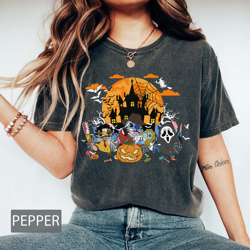 Cute Stitch Halloween Comfort Colors, Disney Stitch Horror Characters Shirt, Disneyland Halloween, Spooky Season Fall Tee, Halloween Family - 2.jpg