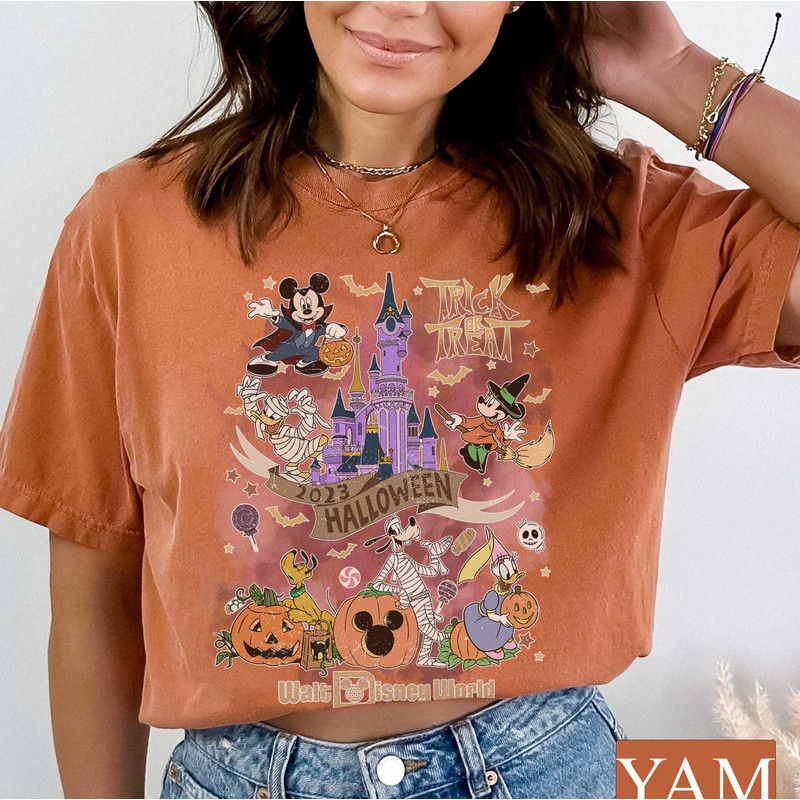 Retro Disney Halloween 2023 Trick or Treat Comfort Colors Tee, Walt Disney World Magic Kingdom, Matching Halloween Party, Mickey and Friends - 5.jpg