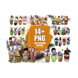 14 halloween coffee png bundle, halloween png, peter pan png, witch png, killer png, coffee halloween, coffee sublimatio