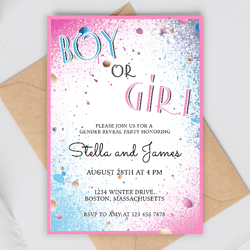 boy or girl gender reveal party invitation, he or she party card, gender party invitation template, blue and pink