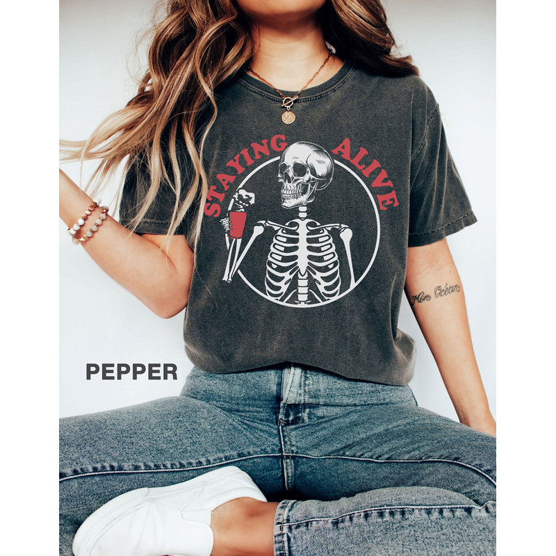 Comfort ColorsĀ® Staying Alive Shirt, Halloween tshirt, Vintage spooky season Shirt, Halloween Coffee Shirt, Coffee Skeleton t-shirt - 1.jpg