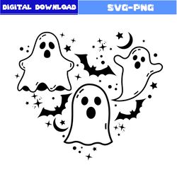 ghost and bat svg, ghost svg, heart svg, bat svg, retro halloween svg, halloween svg, png file