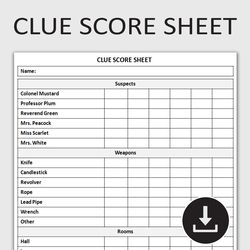 Printable Clue Game Score Sheet, Detective Game Tracker, Clue Score Pad, Classic Mystery Game Scoring, Editable Template