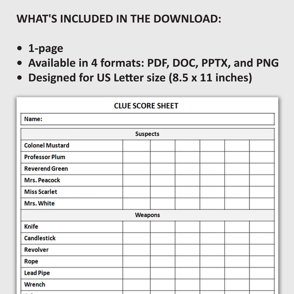 Printable Clue Game Score Sheet, Detective Game Tracker, Clu Inspire