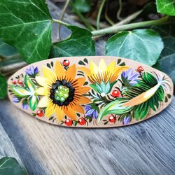 Sunflowers flowers, Hand Painted hair Barrette, Wooden Hair Clip, For Woman, French Barrette, Handmade, Petrykivka Gift,