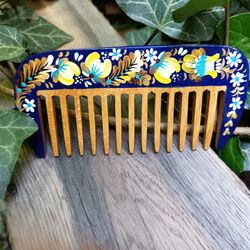Wooden Comb, Hand painted wood comb, Floral comb, Natural wooden comb, Petrykivka painting, Ukrainian folk art, Royal bl