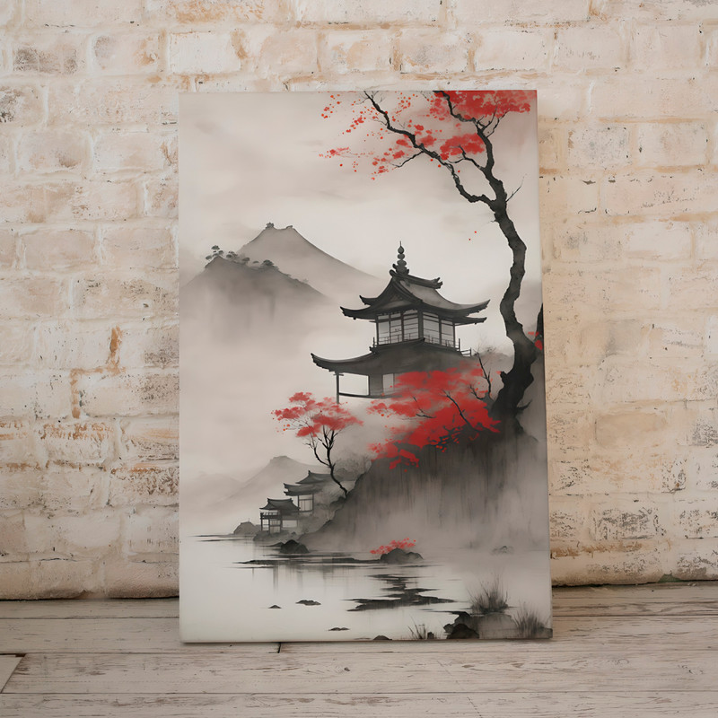 JapaneseWatercolorPaintingSilent TempleArtDigitalPrintWhiteBlackRed.jpg