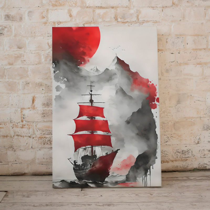 JapaneseWatercolorPaintingShip with scarlet sailsArtDigitalPrintWhiteBlackRed.jpg