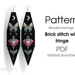 Moth Beaded earrings PATTERN for brick stitch with fringe - Night sky, moth, moon, witch - Instant download